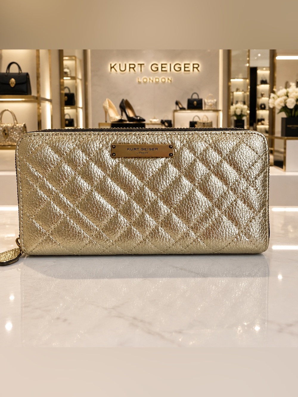 Kurt Geiger Quilted Leather Zip Around Wallet in Metallic Gold
